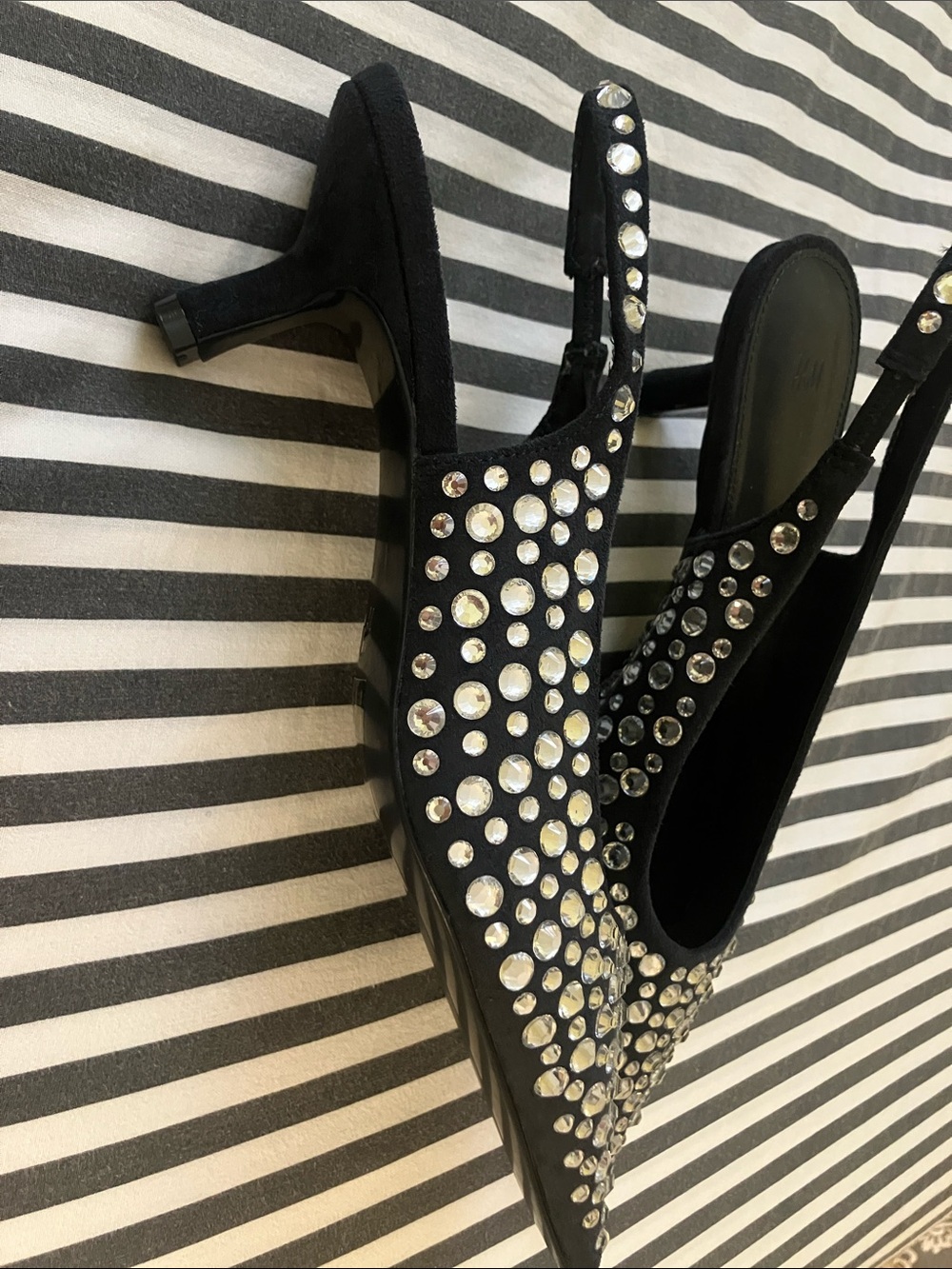 Black Embellished Slingback Pointed Toe Heels - Picture 2 of 3